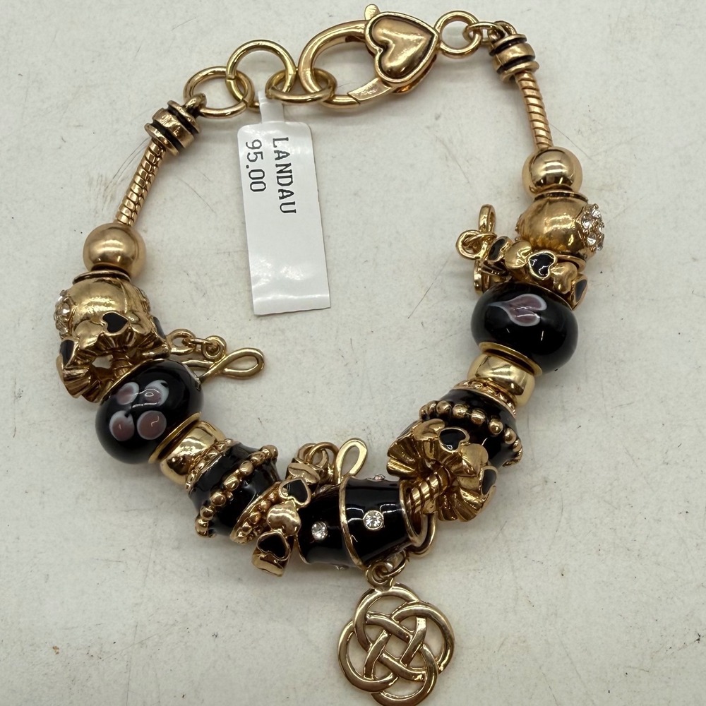 Landau Gold Tone Charm Bracelet Black‎ Glass Beads Hearts Celtic Knot NWT